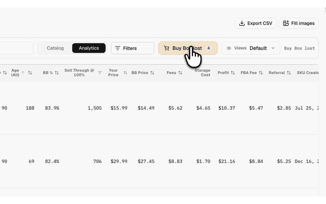 Filtering the product table to items that lost the Buy Box, opening one, and matching the featured offer's price after Amazon fees and item cost.