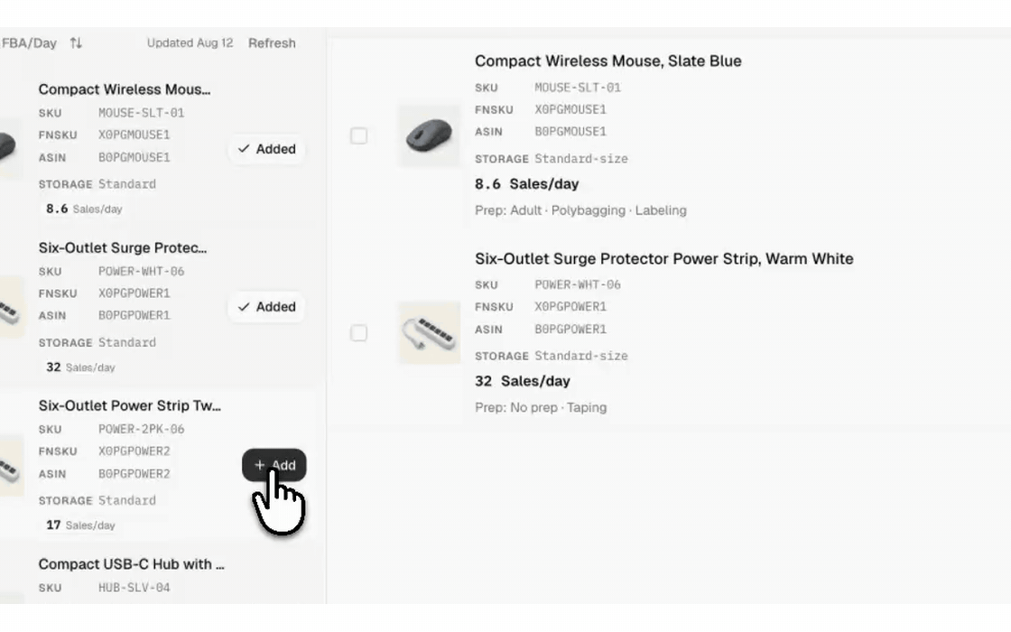 Building an inbound shipment in Pack Grid: adding products from the catalog, scanning units into boxes, and choosing between Amazon's placement options.